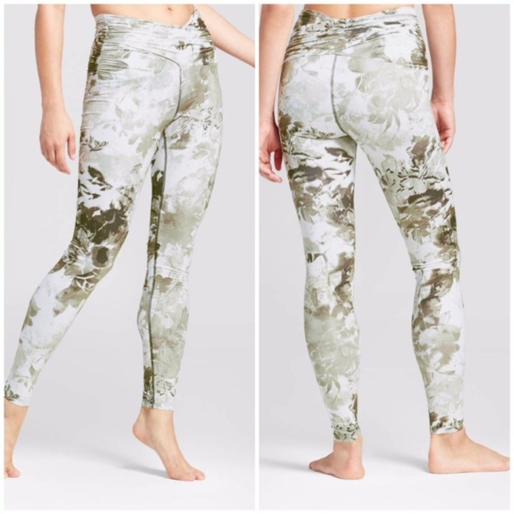 NWT Joy Lab Ruched Waist Leggings Olive Floral Midrise XS